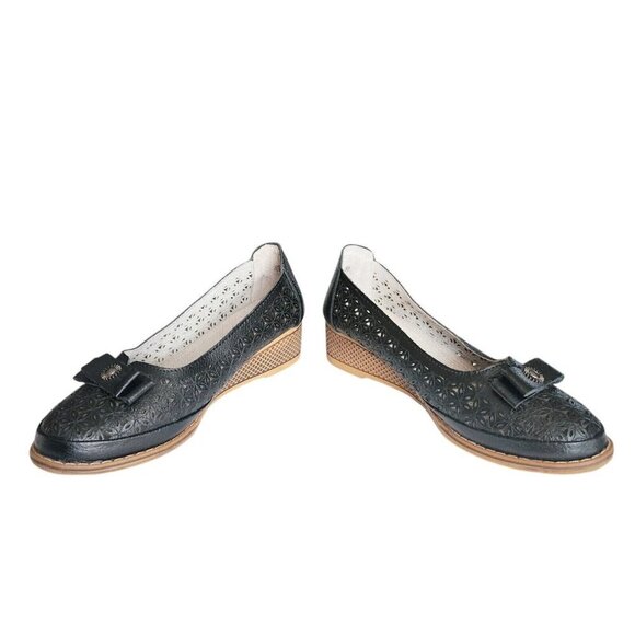 Cherrytime Black Leather Wedge Heels Women 8.5 Cottagecore Academia - Picture 3 of 16